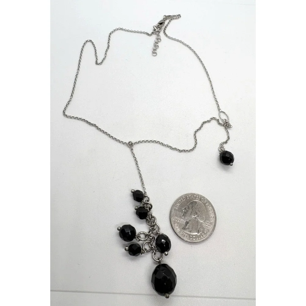 Sterling Silver Y-Drop‎ Necklace Faceted Black Beads Arezzo Italy 925 9.75g